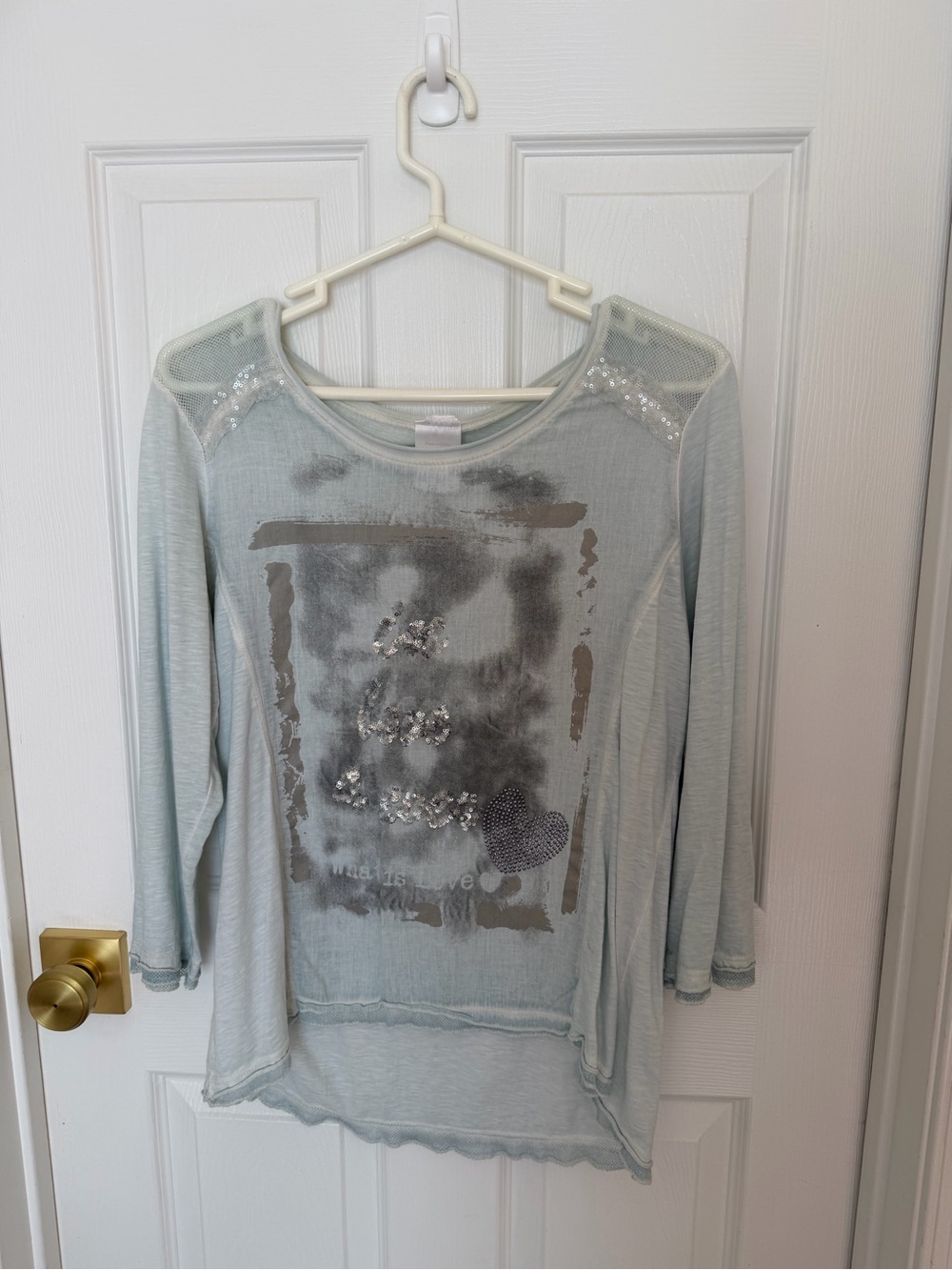 Women's Light Blue Scoop Neck Sequin Accent Top